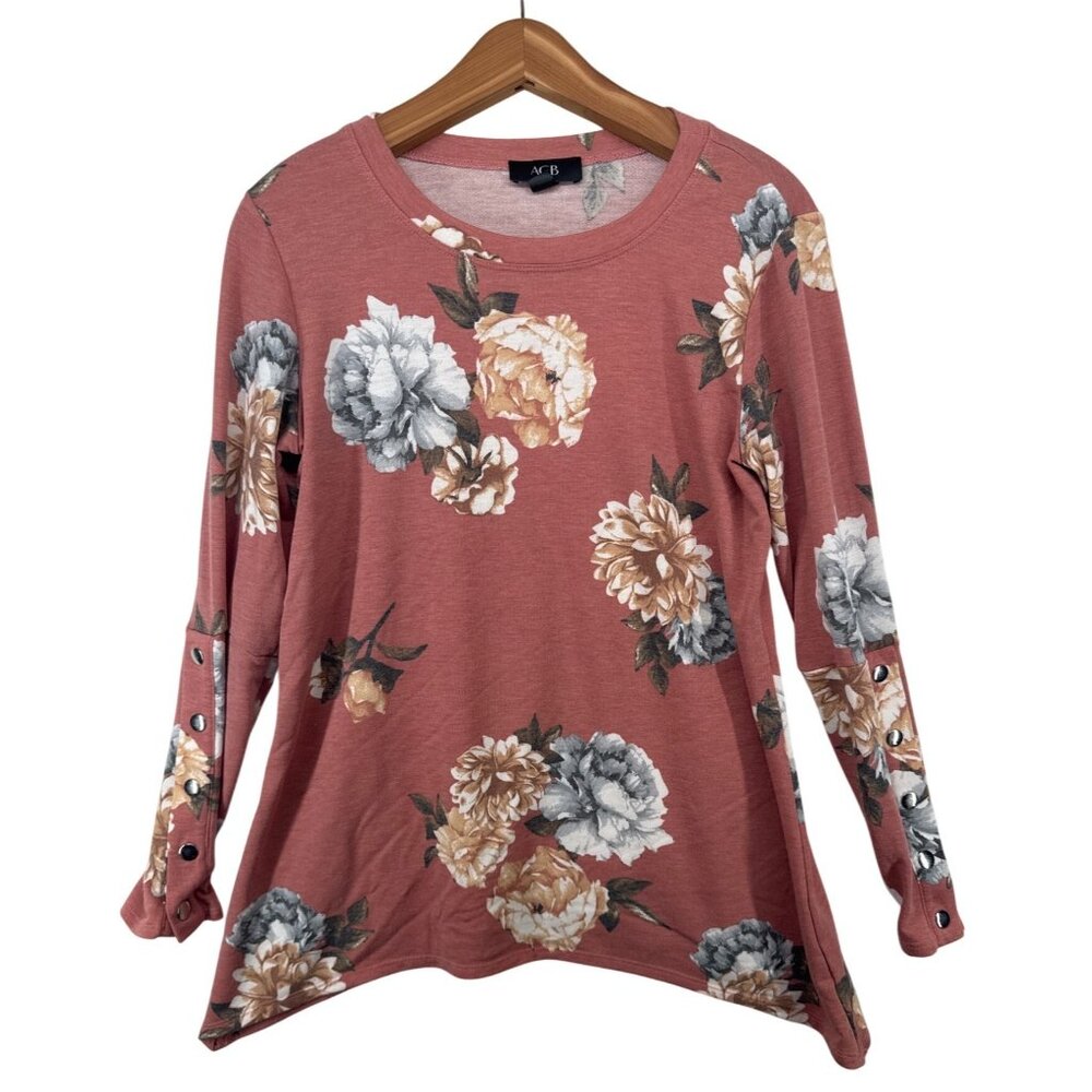 AGB Womens Top Sz M SharkBite Hem Dusty Rose Floral Stretch CottageCore Boho